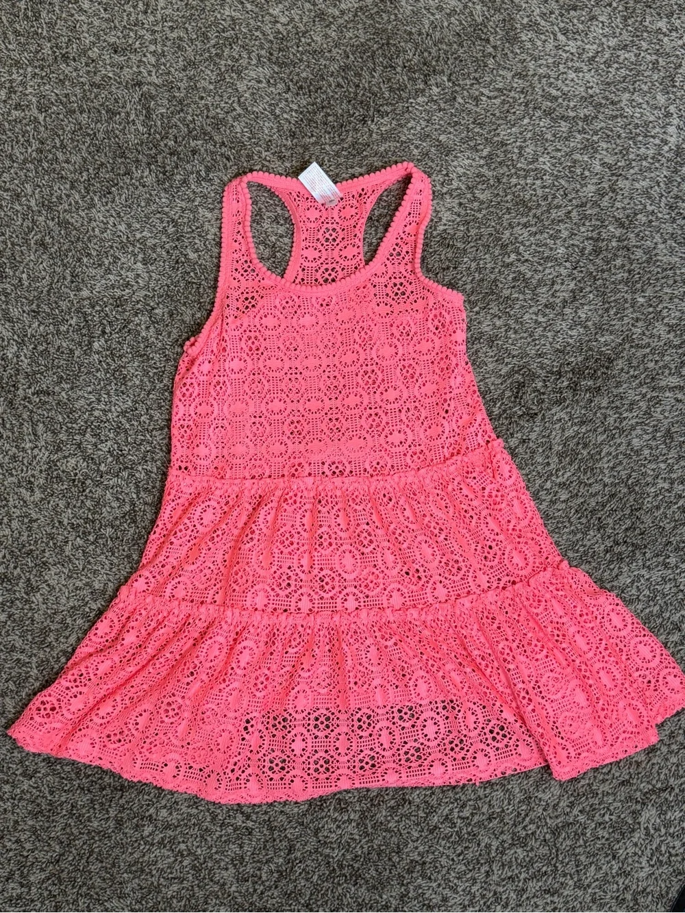 Cat & Jack Girls M 7/8 Coral Pink Bikini Swimsuit & Crochet Cover Up 3 Pc Set